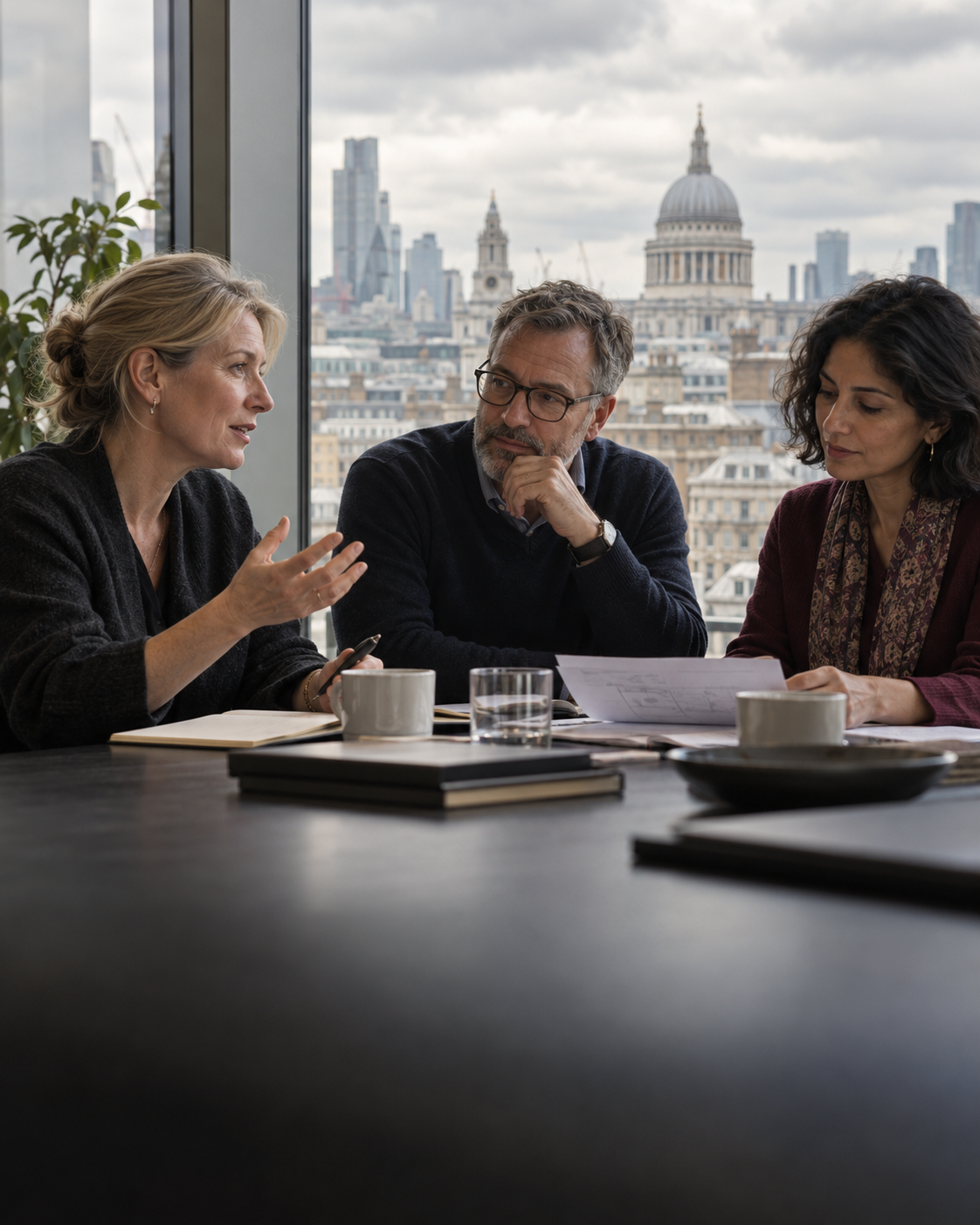 Illustrative scene of consultants in conversation overlooking St Paul's Cathedral in London
